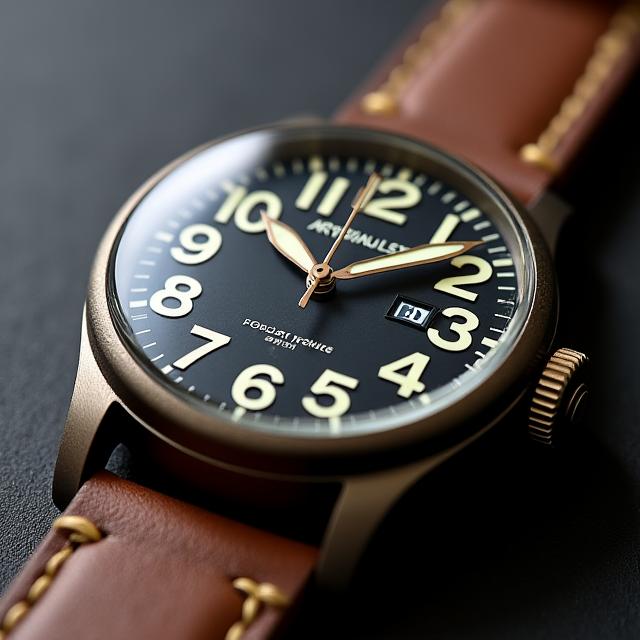 An aviator-style watch with a dark, legible dial, large numerals, and a rugged brown leather strap with visible stitching.