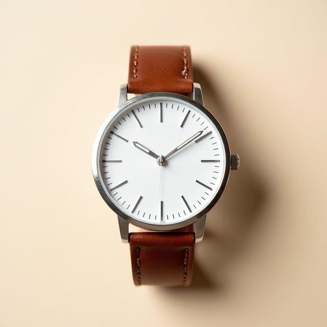A minimalist watch with a white dial, clean hour markers, and a simple brown leather strap. Subtle light shining from the side.