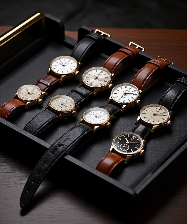 A collection of beautifully curated watches, showcasing different styles and movements, laid out neatly in a sophisticated valet tray.