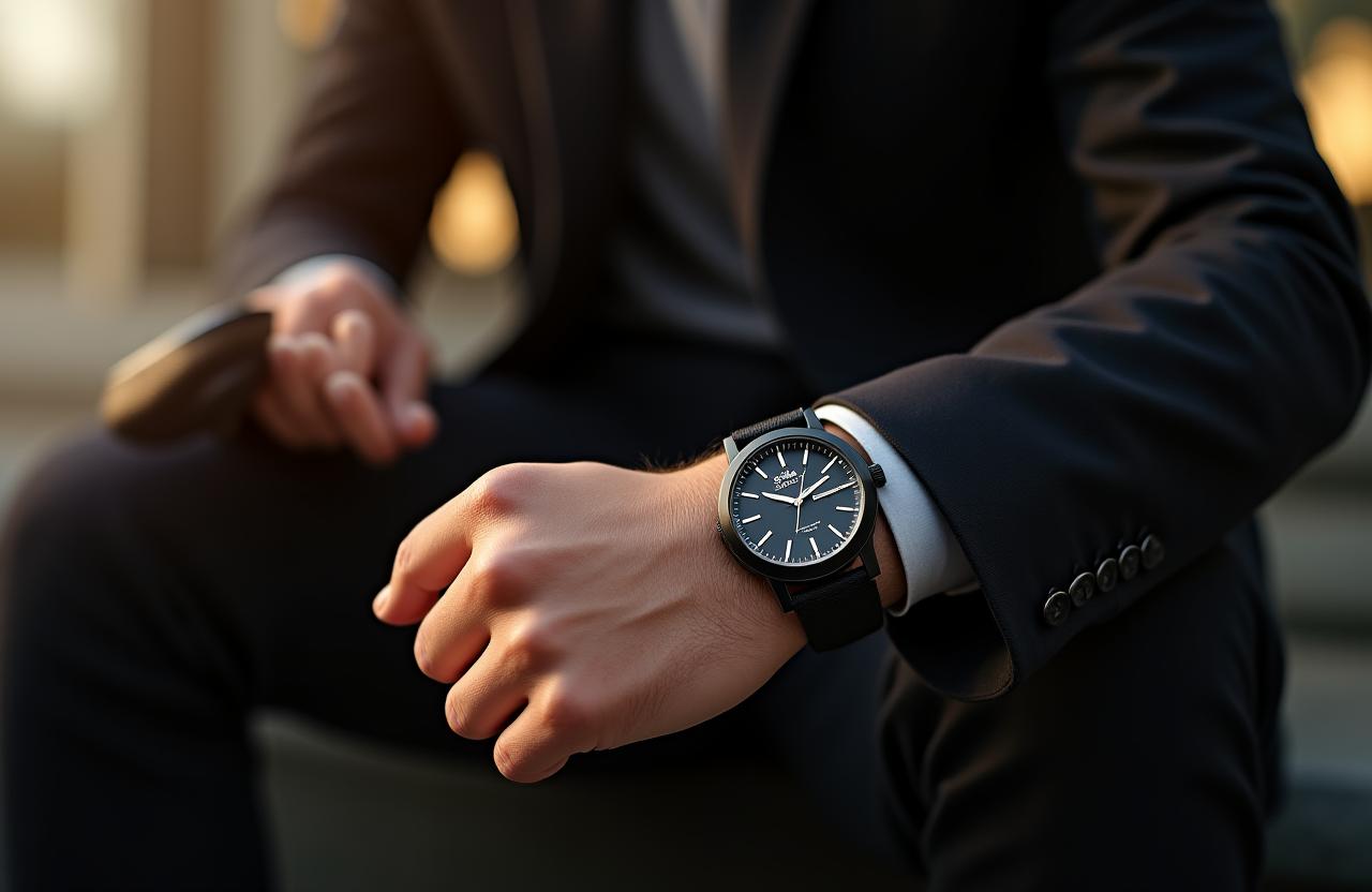 A stylish man wearing a modern, unbranded watch, checking the time. Dynamic shallow depth of field, natural light.