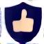Satisfaction guarantee icon: A shield with a thumbs up.