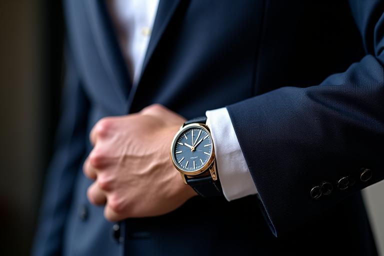 A close-up of a sophisticated dress watch peeking elegantly from under the cuff of a sharp business suit, symbolizing professional elegance.