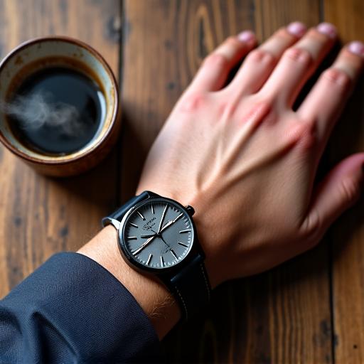 An overhead shot of a man's hand wearing a stylish watch, resting on a rustic wooden cafe table next to a steaming cup of coffee.