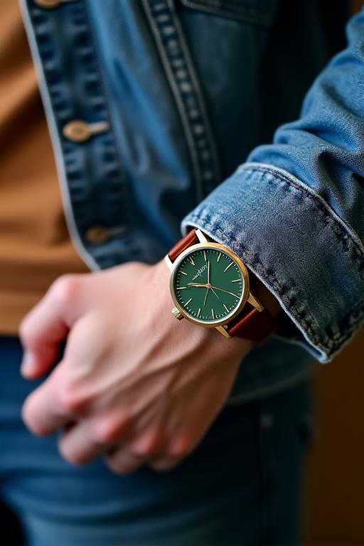 A man in a casual denim jacket, with his hand resting. A classic field watch with a green dial is visible on his wrist, conveying relaxed style.