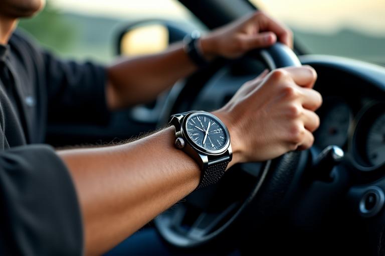 A close-up of a man's hands grasping a leather-wrapped steering wheel, prominently displaying a sleek chronograph watch on his wrist, suggesting adventure and precision.